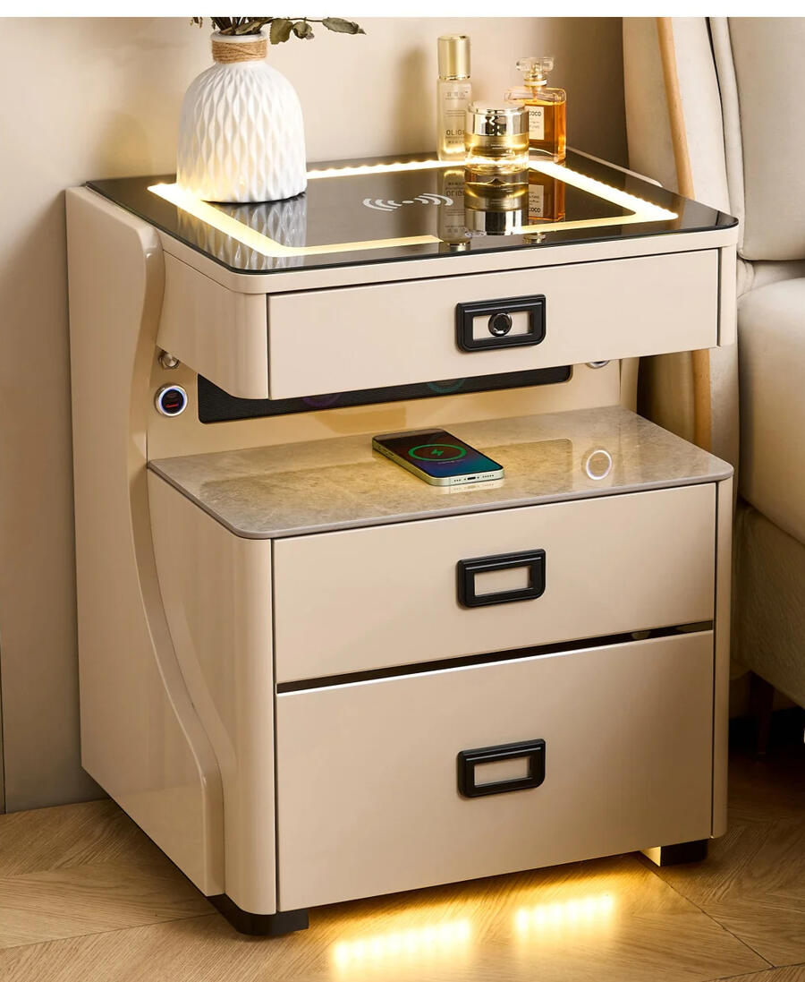 Modern white smart nightstand with wireless charging and USB ports